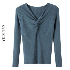 Yedinas Herfst Vrouwen Truien en Pullovers V-hals Gebreide Roze Jumper Sexy Harajuku Sweater Silm Elastische Winter 210527