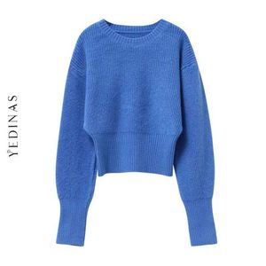 Yedinas casual kasjmier trui vrouwen vallen lange mouw o nek snoep kleur jumper pullover gebreide winter 210527