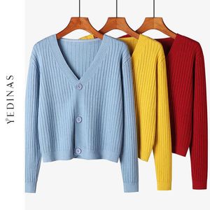 Yedinas décontracté tricoté Cardigan femmes à manches longues solide dames Cardigans doux col en V pull en cachemire Style coréen 210527