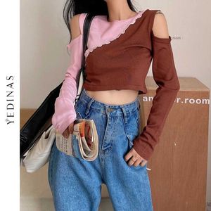 Yedinas Chic Sexy Patchwork Volants T-shirt À Manches Longues Crop Top O-cou Tee Femmes Club Porter Hors Épaule Moulante Tops Punk Style 210527