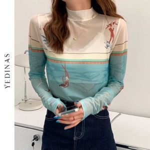 Yedinas Color Matching Art Print T-shirts à manches longues Femmes Voir à travers le col roulé Mesh Tops Style japonais Designer Slim Tshirt 210527