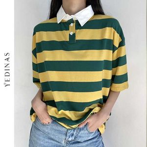 Yedinas contraste Color rayas Patchwork manga corta Camiseta mujer Turn Down Collar botón camisetas Harajuku Tops estilo coreano Tee 210527