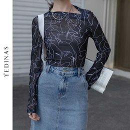 Yedinas Tekening Print T-shirt Dames Onregelmatige Neck Body Tee Shir Designer Top Ondergoed Femme Kleding Mesh Tops 210527