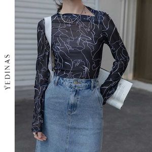 Yedinas Dessin Imprimer T Shirt Femmes Cou Irrégulier Corps Tee Shir Designer Top Sous-Vêtements Femme Vêtements Maille Tops 210527