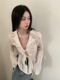 Yedinas Fairycore Lace Up Blouse Vrouwen Lange Mouw Lente 2023 Nieuwe Turn-down Kraag Vrouwen Shirt Dames Tops Koreaanse Fashion chic