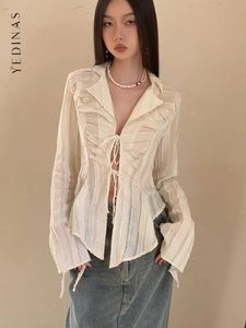 Yedinas Fairycore-Blusa con cordones para mujer, camisa de manga larga con cuello vuelto para primavera, Tops para mujer, moda coreana Chic 240322