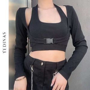 Yedinas Fashion Patchwork Crop Top voor Vrouwen Sexy Lange Mouw T-shirt Tweedelige Set Chic Tshirts Gothic Girl Tops Tee Vrouwelijke 210527