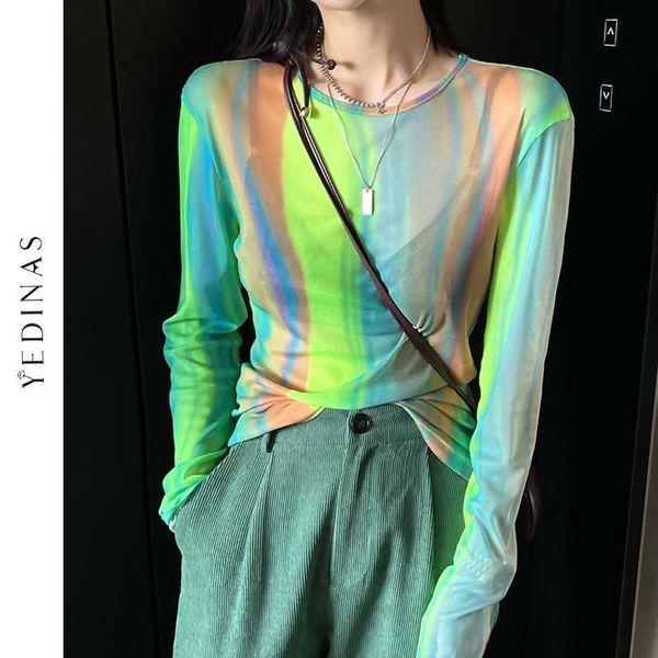 Yedinas Green Tie Dye Mesh Tshirt Femmes Y2K Esthétique Manches Longues T-shirt Slim Tops Voir à Travers Chic T-shirts Haut Coloré 210527