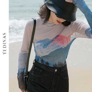 Yedinas Harajuku Mont Fuji Imprimer T-shirt À Manches Longues Voir À Travers Maille Tee Tie Dye Femmes Slim Style Japonais Tops Coréen 210527