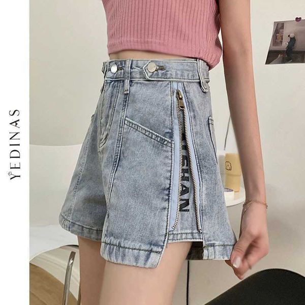 Yedinas High Waist Ligg Denim Shorts pour femmes Summer Jean Korean Style Zipper Decoration Loose Bottom Bottom Chic 210527