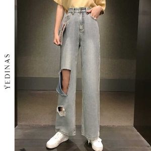 Yedinas taille haute femmes mode détruit trou Denim vadrouille pantalon Vintage jambe large jean pantalon décontracté Streetwear 210527