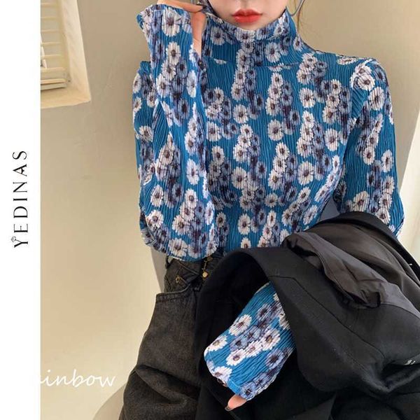 Yedinas Style japonais T-shirt à manches longues Femmes Esthétique Y2K T-shirts Femme Sexy Slim Turtleneck Tshirt Harajuku 90s Tops 210527