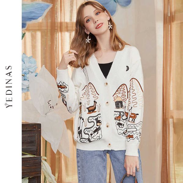 Yedinas Knit Cardigan Otoño Invierno Suéter Mujeres Manga larga Cashmere V Cuello Elástico Estilo Coreano Jerseys 210527