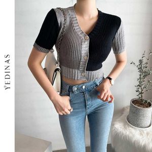 Yedinas Style coréen O-Cou Court Pulls tricotés Femmes Mince Cardigan Boutonné Été Casual Mode Patchwork Crop Top 210527
