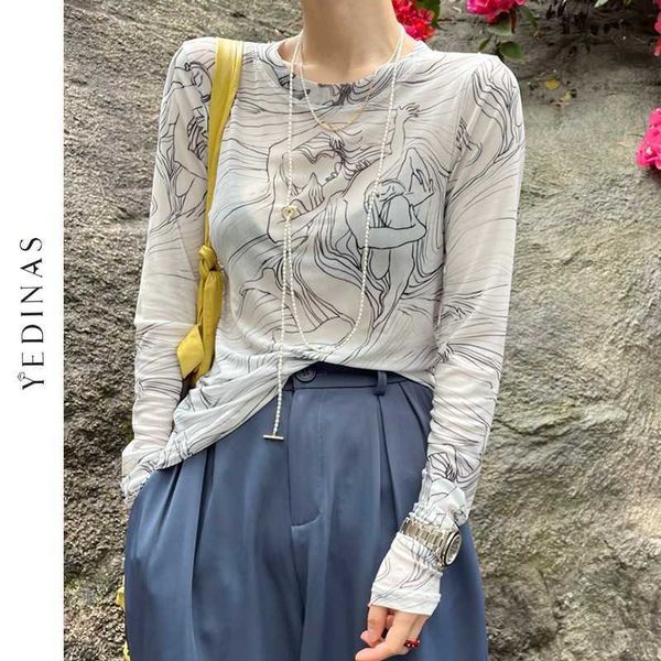 Yedinas Style coréen Blanc Mesh T-shirts Femmes Sexy Slim Voir à travers Gaze T-shirt Designer Imprimer Semitransparent Bodycon Tops 210527