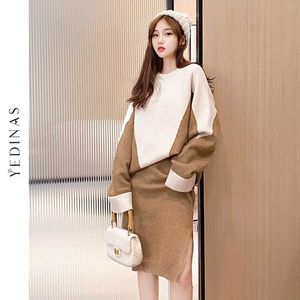 Yedinas Office Dames Gebreide Twee Stuk Dames Sets Rok Lange Mouw Patckwork Winter 2 Set voor Midi Korean 210527