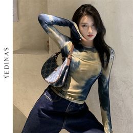 Yedinas Sexy Harajuku Slim T Shirt Femmes Tie Dye Imprimer À Manches Longues Tops Style Coréen T-shirts Vintage Streetwear Skinny Tee Top 220328
