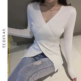 Yedinas Sexy Pull Tricoté À Col En V Femmes Pull Croisé Style Coréen Chandails À Manches Longues Slim Fit Tricots Tops Blanc 210527