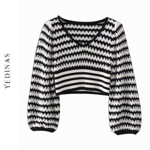 Yedinas Sexy con cuello en V Jersey a rayas Tops de punto Otoño Crop Top Suéter Mujeres Estilo coreano Fuera del hombro Jumper Chic Ladies 210527