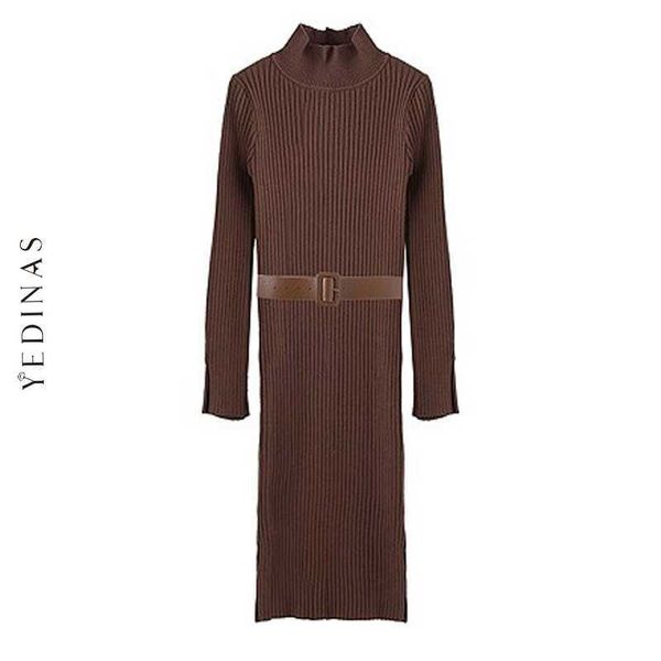 Yédinas Slim Pull tricoté Solide Solid Baldy Stickon robe avec ceinture à manches longues Turtleneck Robes sexy pour femmes Midi chaud Vestidos 210527