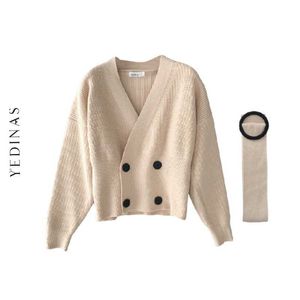 Yedinas Slim pull femmes Cardigan avec ceinture Vintage à manches longues col en V cachemire Beige doux haute qualité pull coréen 210527