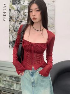 Yedinas Streetwear Bourgogne Mesh Tops à manches longues Lace Up Square Collar T-shirt Femmes Crop Top Spring Summer Y2k Chic Tops 240422