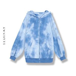 Yedinas Streetwear Hoodies voor Vrouwen Losse Hip Hop Tie Dye Hoodie Oversized Lange Mouw Plus Size Hooded Sweatshirt Winter 210527