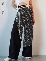 Yedinas streetwear transparent voir à travers la jupe femmes lacets en dentelle mince collocation coréenne de la mode