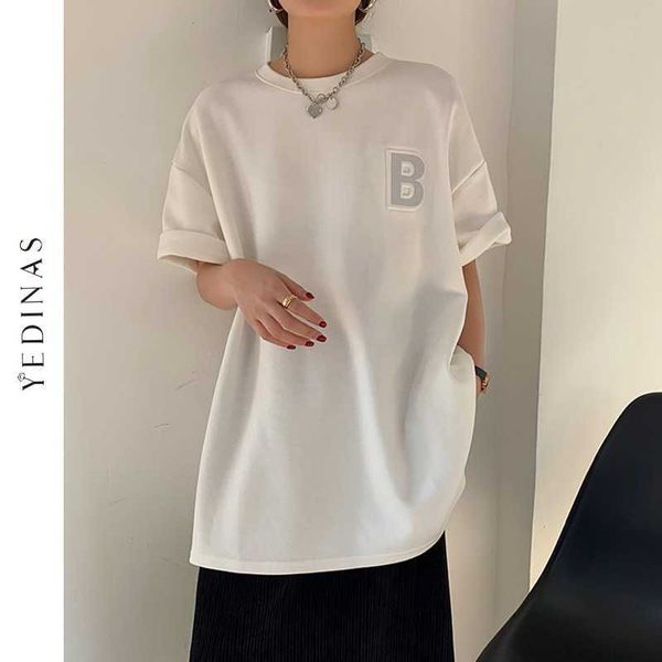 Yedinas, camiseta de algodón de verano para mujer, camisetas blancas de gran tamaño, camiseta holgada Harajuku de estilo japonés con estampado de letras reflectantes 210527