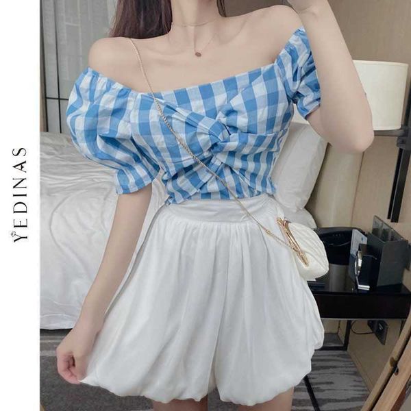 Yedinas Summer Harajuku Blue Plaid T-shirt Mujeres Puff Sleeve Slash Neck Tops Japanese Chic T Shirts Off Shoulder Bow Design Top 210527