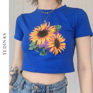 Yedinas zonnebloem print t-shirt vrouwen y2k esthetische korte mouw tee harajuku kawaii t-shirts kleding o hals crop top 210527