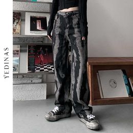 Yedinas Tie Dye denim broek vrouwen brede poot jeans hoge taille zwarte gotische broeken Jean vriendje femme 90s streetwear 210527