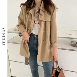 Yedinas Trench Coat Dames Mode Vrouwelijke Jassen Khaki Slanke Belt Mujer Dames Windbreaker High Street Plus Size 210527