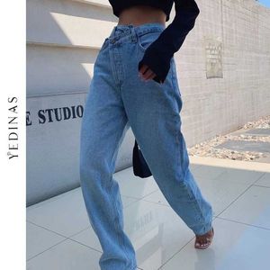Yedinas Vintage 90s Femmes Jambe Droite Jeans Taille Asymétrique Lâche Haute Mode Casual Summer Denim Pantalon 210527