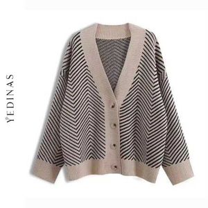 Yedinas Vintage Cardigan Vrouwen Koreaanse stijl gebreide jas patchwork trui herfst winter chique 210527