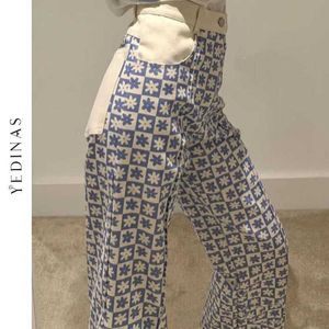 Yedinas Vintage Floral Plaid Broek Vrouwen Koreaanse Patchwork Straight Harem Dames Hoge Taille Broeken Japanse Streetwear 210527