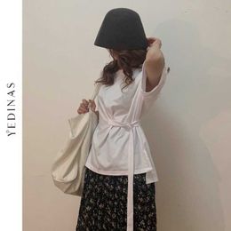 Yedinas Blanc Coton T-shirts Femmes Style Coréen Chemise Surdimensionnée Designer Bandage Chic -shirt Femme Japonais ops Irrégulier 210527