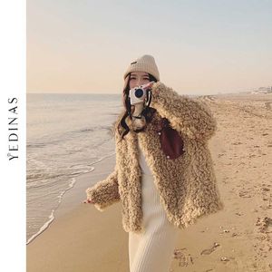 Yedinas Hiver Fausse Fourrure Manteau Femmes Casual Veste Chaude Peluche Teddy Femme Poche Pardessus Élégant Outwear 210527