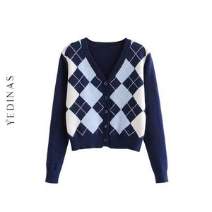 Yedinas Dames Cardigan Vintage Mode Geometrische Patroon Korte Gebreide Sweater Lange Mouw Engeland Stijl Bovenkleding Chaqueta 210527