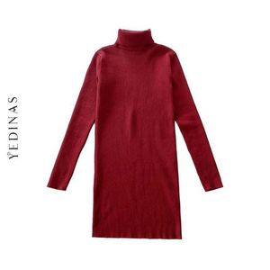 Yedinas vrouwen jurk winter gebreide trui mode lange mouwen turtleneck slanke bodycon warme solide sexy vestidos 210527