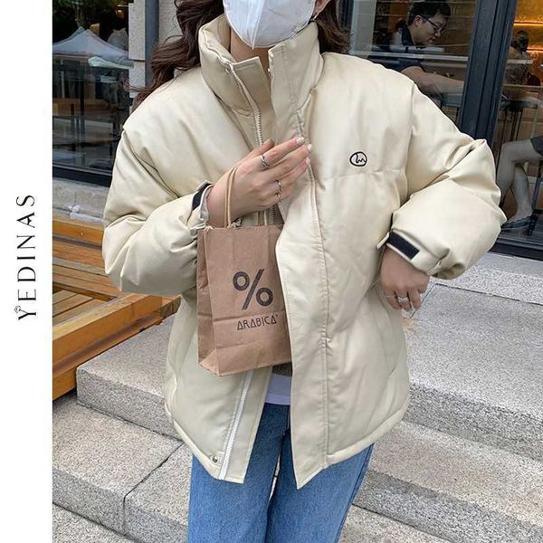 Yedinas Mujeres Sólido Oversize Parkas Grueso Invierno Cremallera Bolsillos Femenino Abrigo Cálido Estilo Coreano Elegante Chaqueta de cuello alto 210527