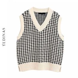 Yedinas Femmes Vest Pull Sweater V Couleur Sans manches Sans manches Vintage Vintage Gilet De La gilet Houndstooth Chic Oversize Tops 210527