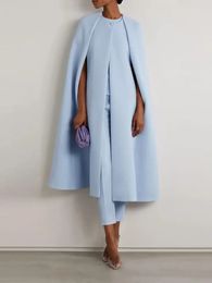 Yeezzi elegante feest mantel mouw stevige kleur ronde hals cape elastische taille broek twee stukken ingesteld voor vrouwen 2024 lente herfst 240510