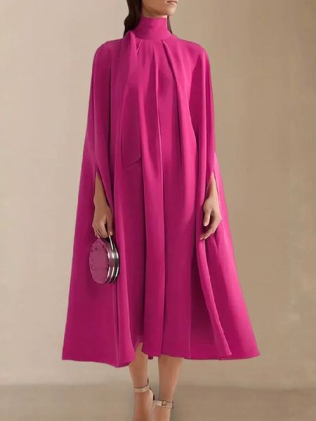 Yeezzi femme automne Vintage élégant fête robe de soirée manches chauve-souris à lacets couleur unie col haut robes mi-longues pour les femmes 231225