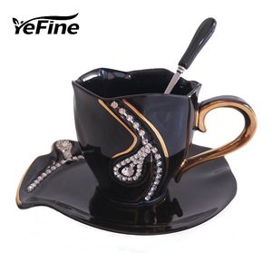 Yefine Diamonds Design Coffee Mug Creative Gift Lovers Tea Cups 3D keramische mokken met S -decoratie en schotels Y200106