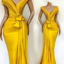 Jaune 2020 robes de soirée africaines plis noués sirène robes de bal col en V à manches courtes volants soirée formelle robes de célébrité2074