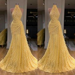 Jaune 2020 Robes de bal sexy High Necy Sequed A Line Perged The Night Robes Luxury Feather Formal Farty Pageant Robes 293