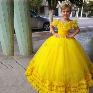 Gele 3D bloemenprinses Pageant Jurken 2023 Balljurk Kristallen Off Schouder Girls Birthday Prom Party -jurken voor Toddler S