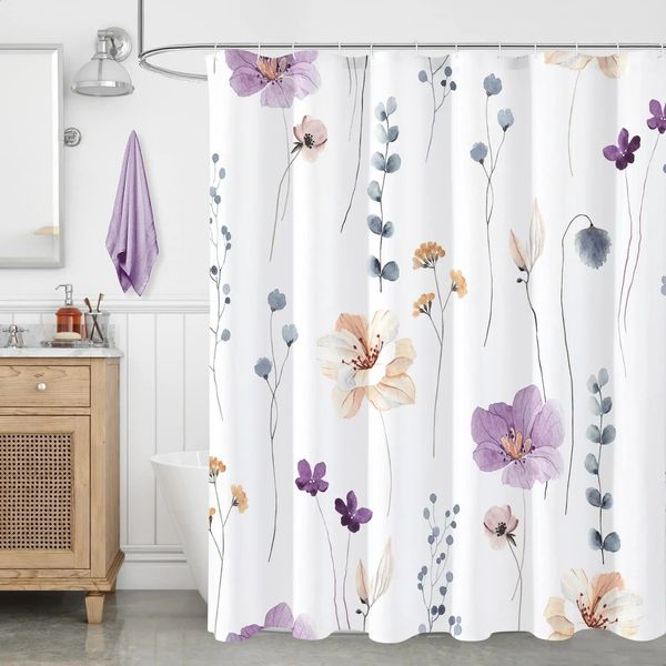 Cortina de ducha floral amarilla y gris Cortina de baño de flores de acuarela para baño Tela impermeable blanca minimalista con gancho 240131