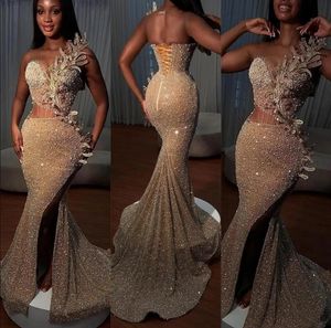 2024 Sparkly Pailletten Illusie Zeemeermin Lange Galajurken Sheer Mesh Top Kralen Hoge Split 3D Formele Avondjurken Formele Feest Gelegenheidskleding Vestidos Met Kant Up 0314